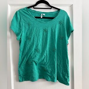 NWT Elle Green Short Sleeve Top with Floral Accents Size XL